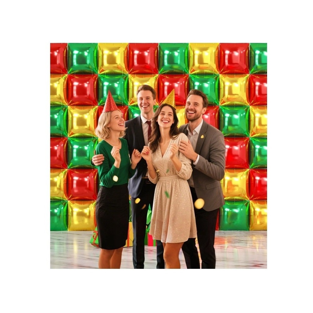 48pc Metallic Red Green Gold Square Foil Balloon Set 19in Linkable Backdrop Wall
